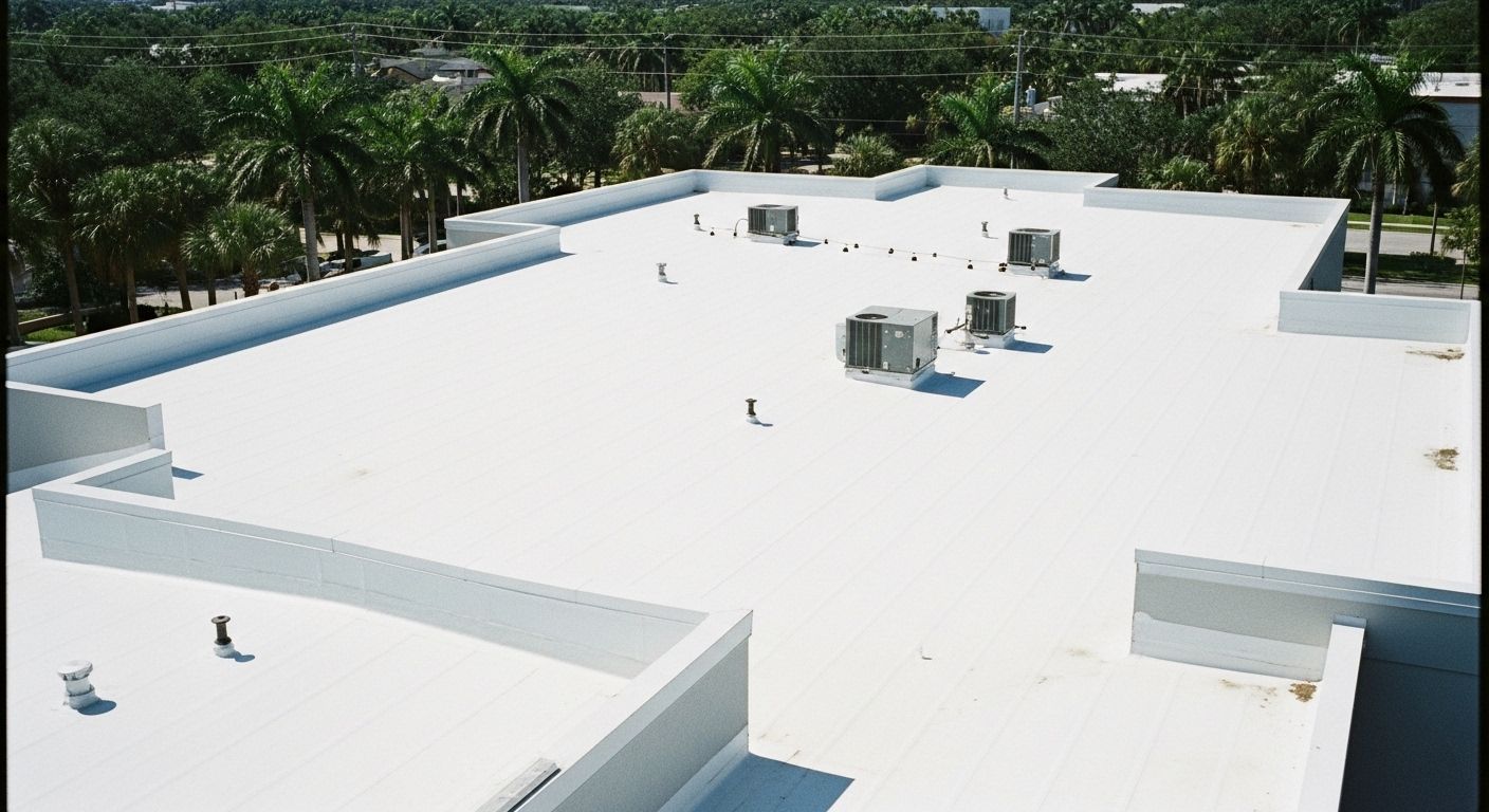 Completed TPO flat roof in Florida commercial building featuring white reflective coating for heat reduction and durability.