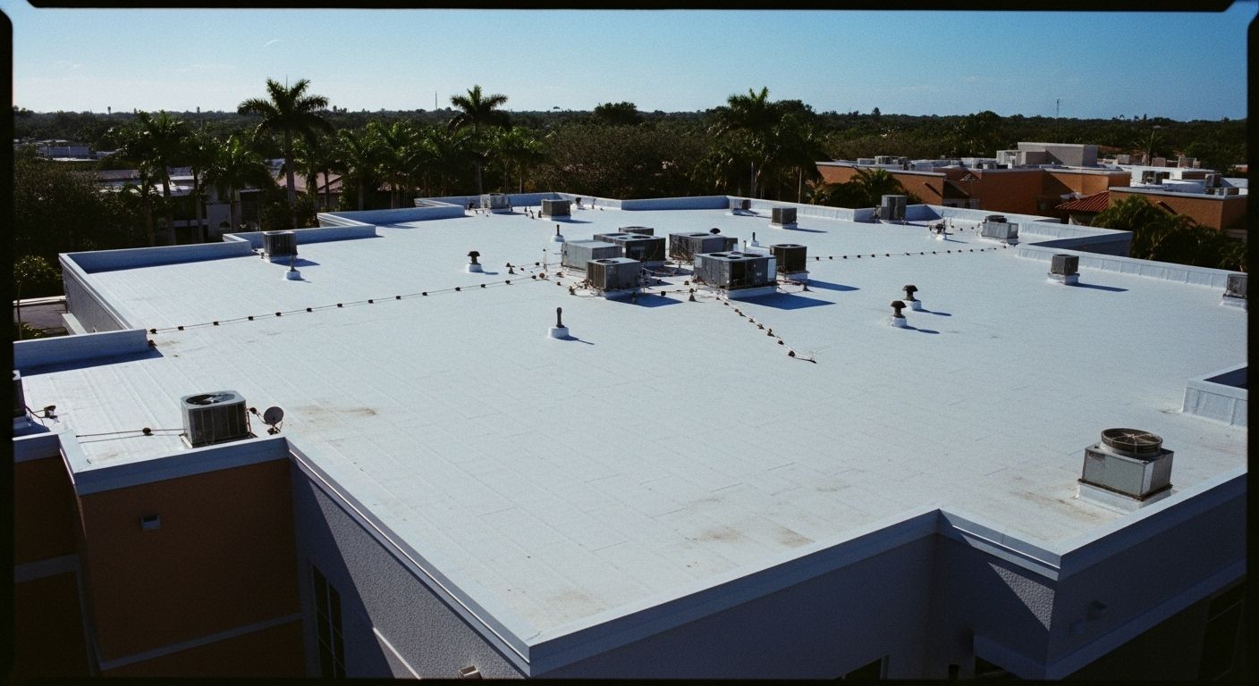 Commercial flat roof in Orlando, Florida, with white TPO membrane system designed to prevent leaks and improve building energy efficiency.