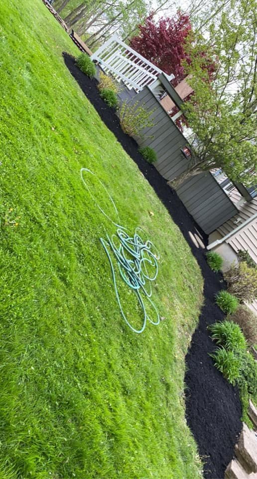 A hose is laying on top of a lush green lawn next to a fence.