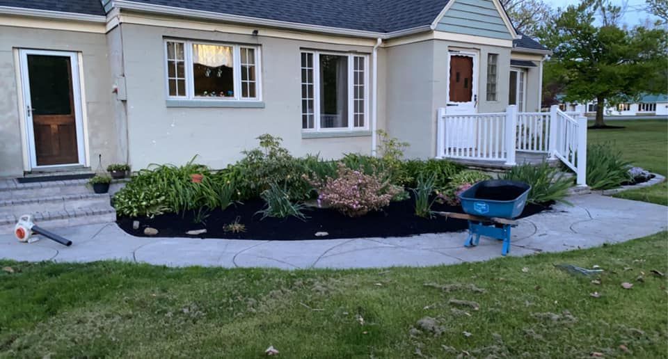 A house with a blue wheelbarrow in front of it.