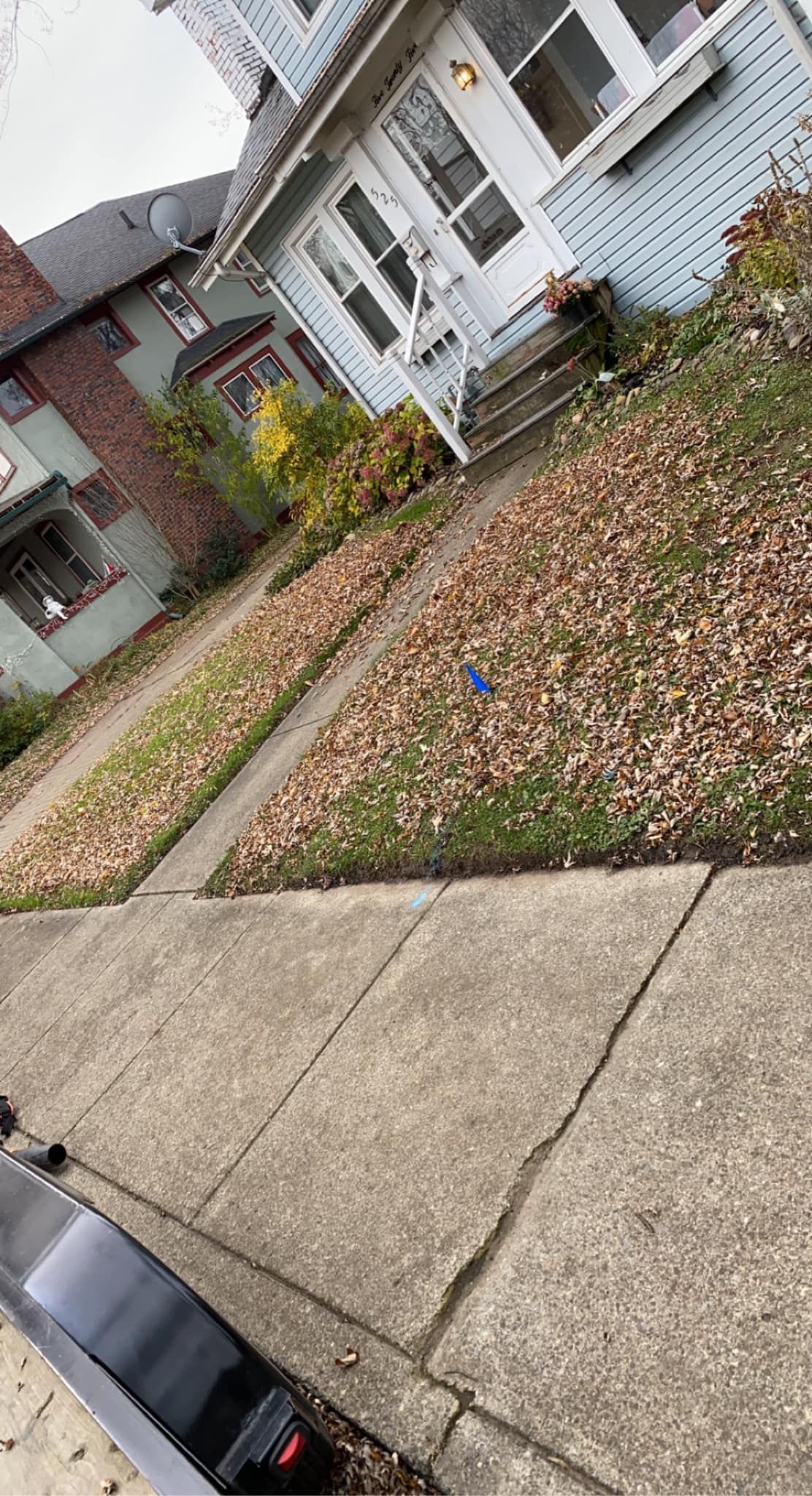 A house with a lot of leaves on the ground and a sidewalk in front of it.