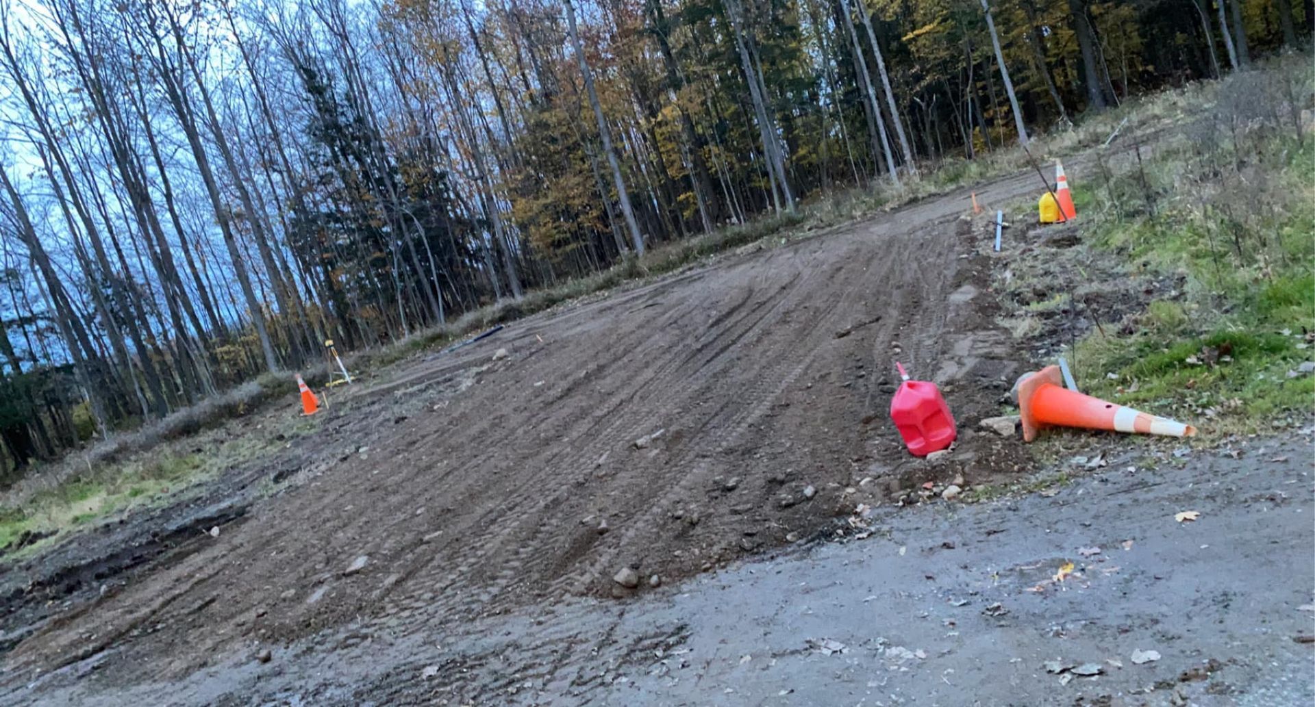 A dirt road with cones on the side of it and trees in the background.