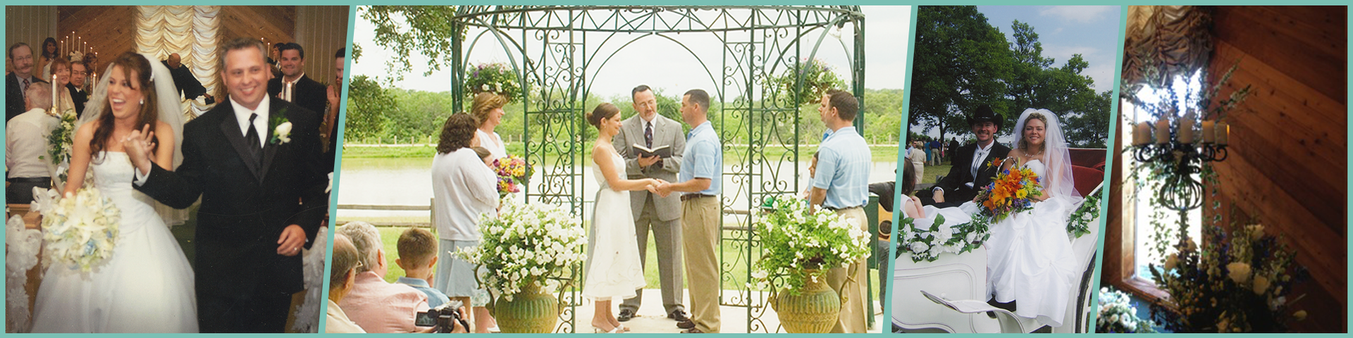 A collage of photos of a bride and groom at their wedding