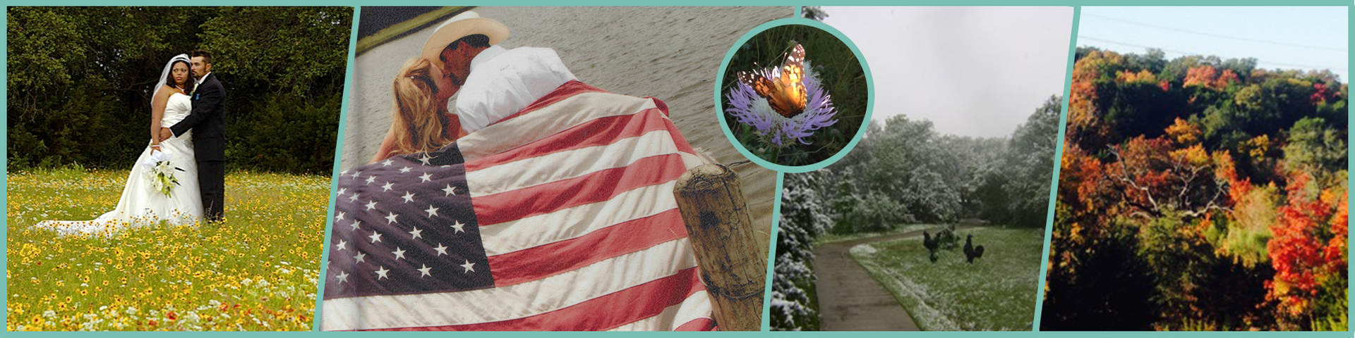 A collage of pictures of a bride and groom , an american flag , a butterfly , and a field.