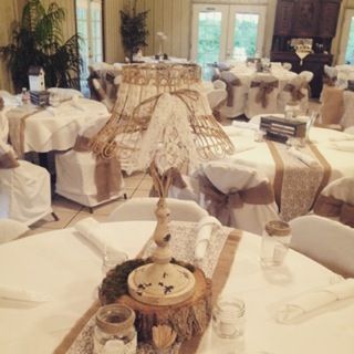 A room with tables and chairs set up for a wedding reception