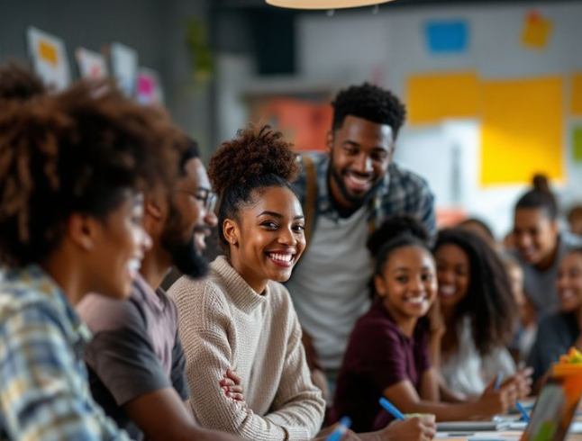 Group of smiling people working together in an office setting.