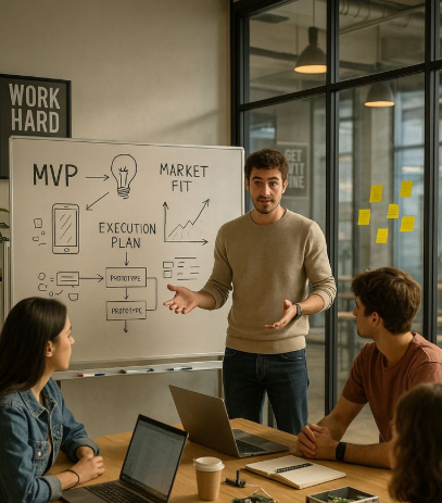 Man presenting a business plan to a team in an office, whiteboard with 