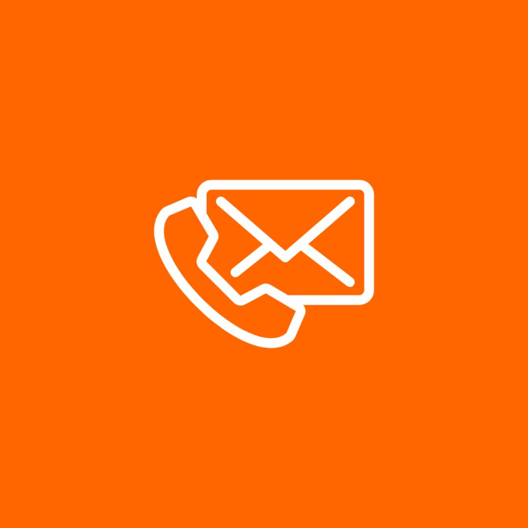 Récepteur téléphonique blanc et icône d'enveloppe sur fond orange.