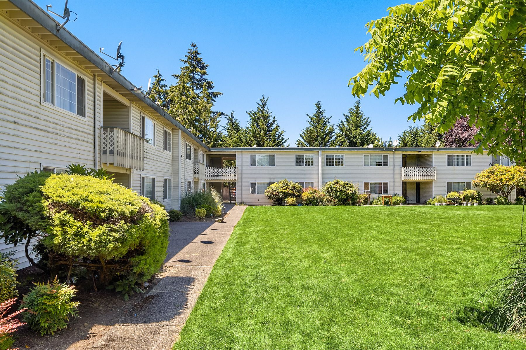 esquire exterior with lawn and walkway with trees