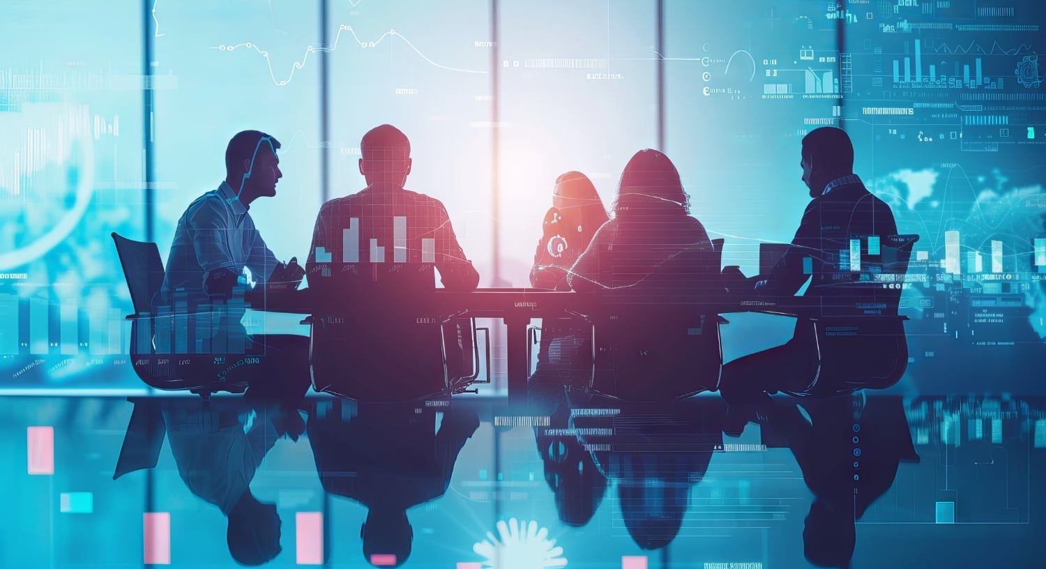 Business team in a modern office, discussing data with charts and graphs overlaid, backlit.