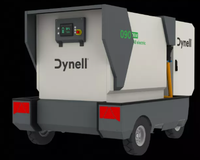 Ein weiß-graues Dynell-Fahrzeug mit schwarzem Hintergrund