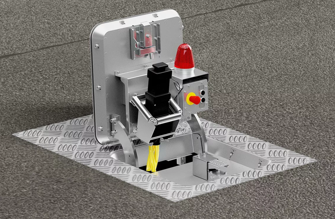 Ein Roboter sitzt auf einer Metallplattform auf dem Boden.