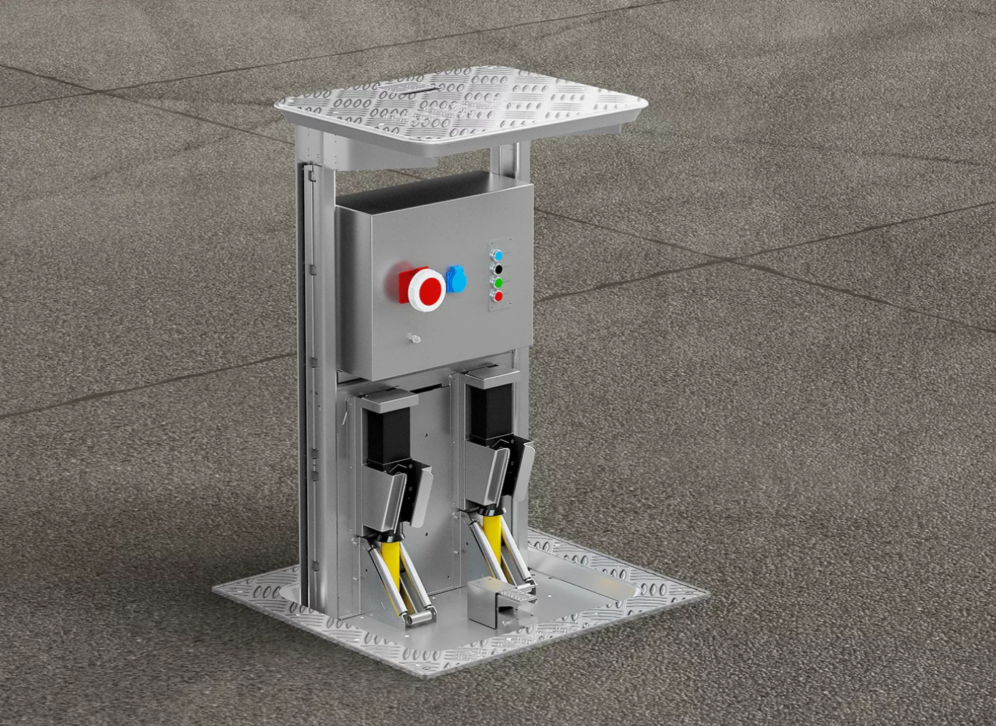 Auf dem Boden steht eine Metallbox mit einem roten Knopf darauf.