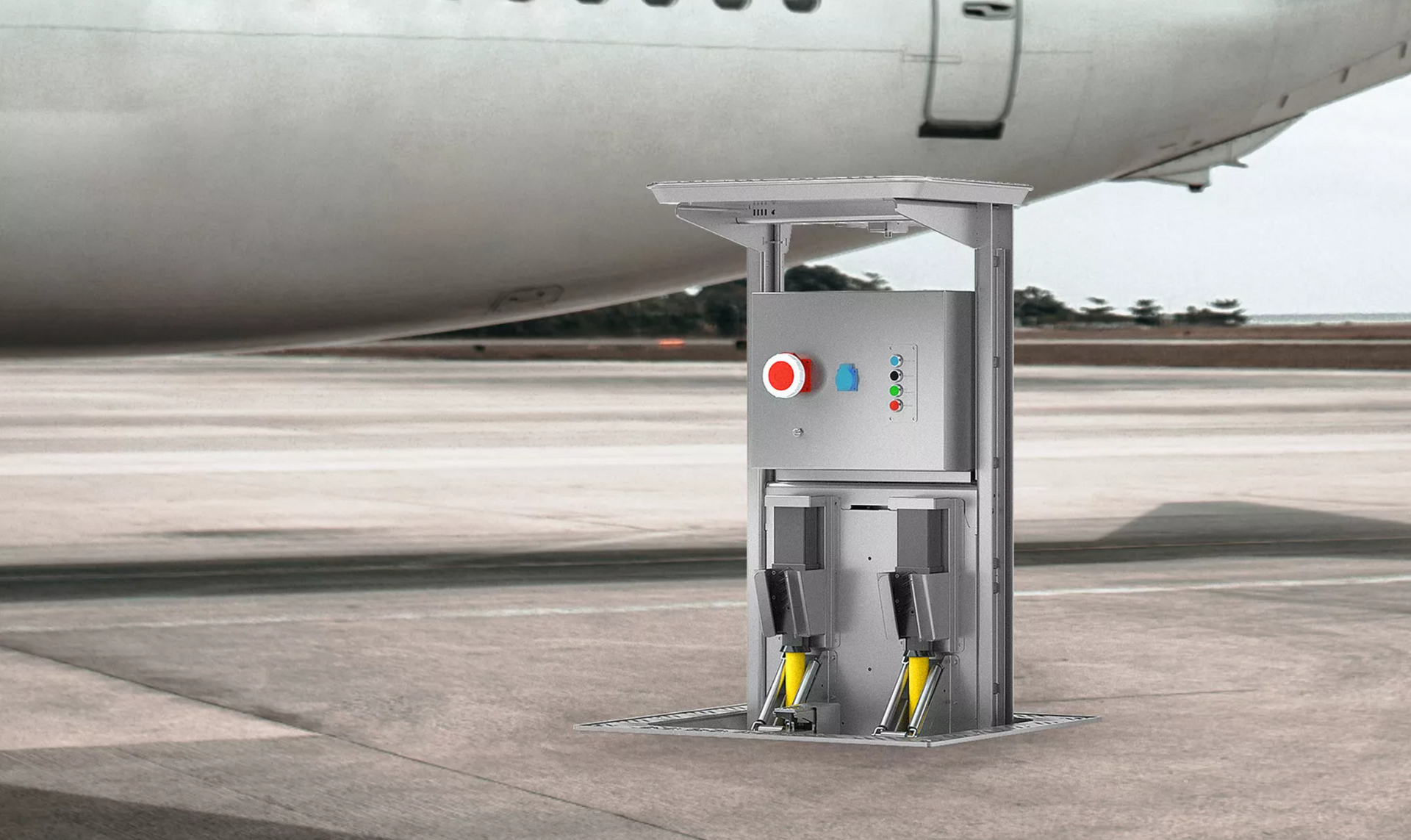 Ein Flugzeug steht neben einer Edelstahlbox