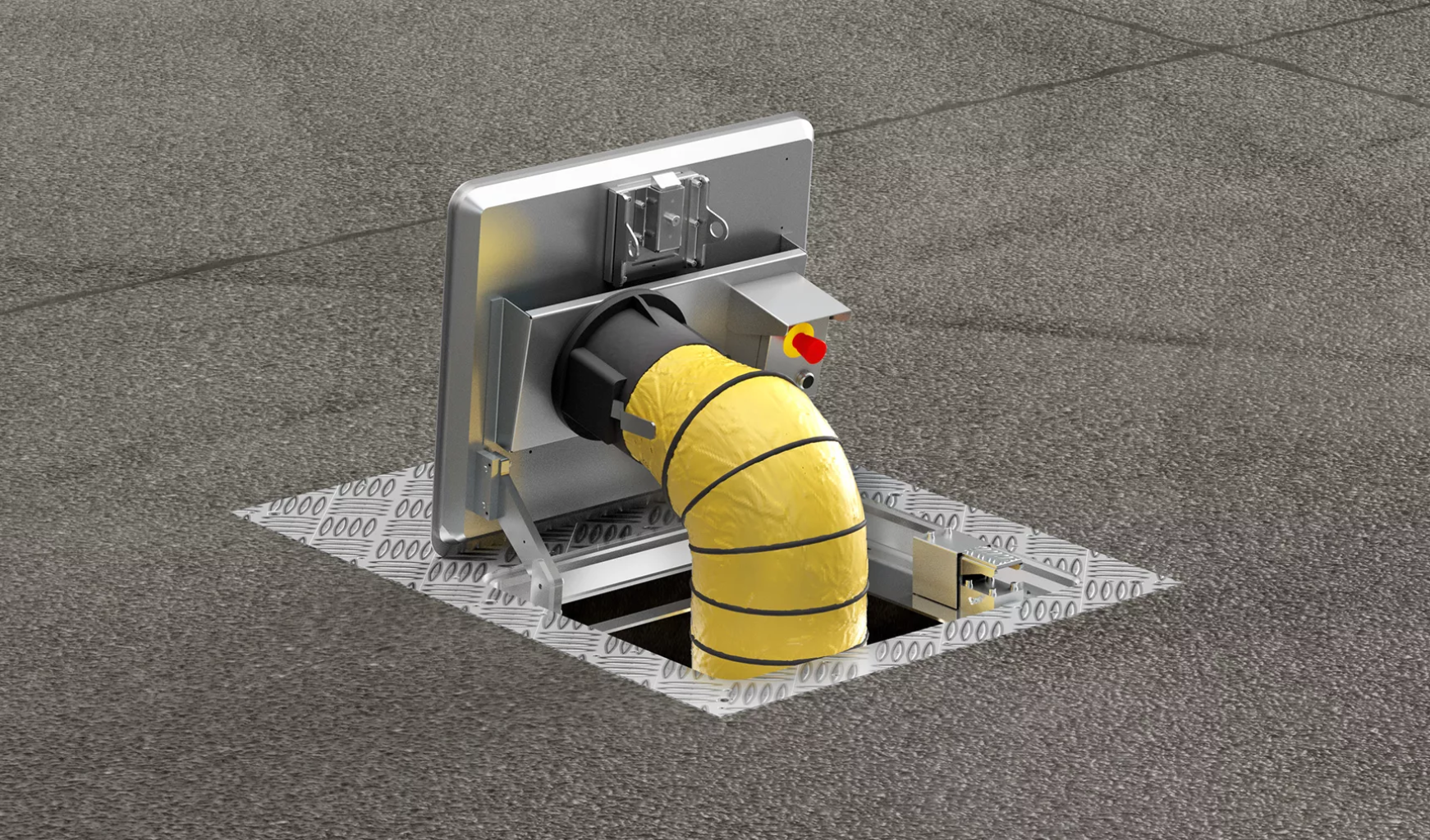 Aus einem Gullydeckel kommt ein gelber Schlauch.