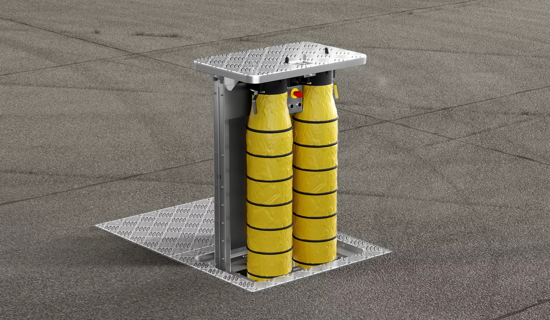 Zwei gelbe Zylinder stehen auf einer Metallplattform auf dem Boden.