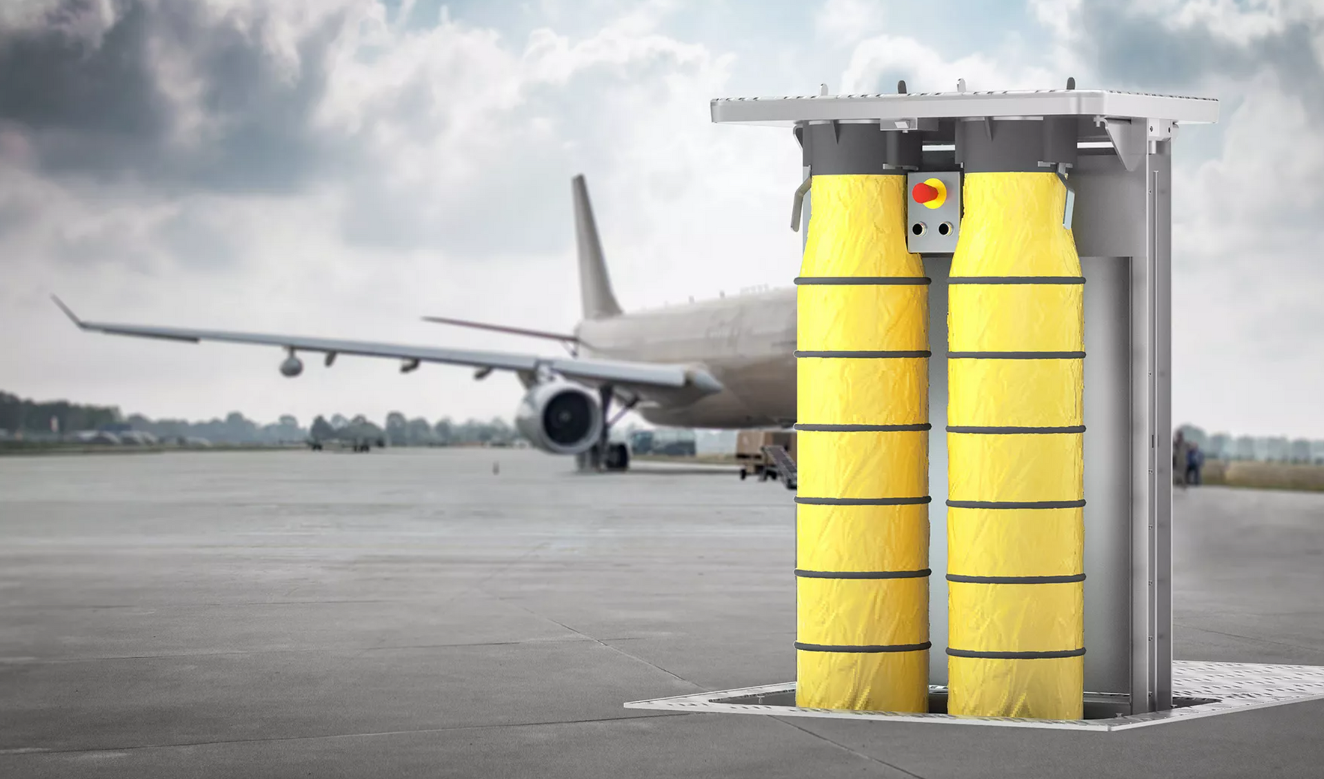 Auf der Landebahn steht neben einem gelben Schlauch ein Flugzeug.