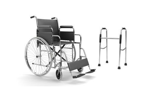 Wheelchair and walker on white background, with highlights on chrome metal created using an HDRI illumination. Particular type of steel with anisotropic reflection.