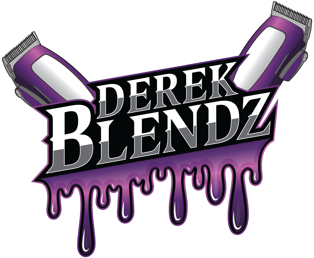 Logo with purple dripping paint, clippers, and text 