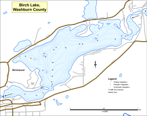 Map of Birch Lake, Washburn County, showing lake contours, shoreline, roads, and legend.