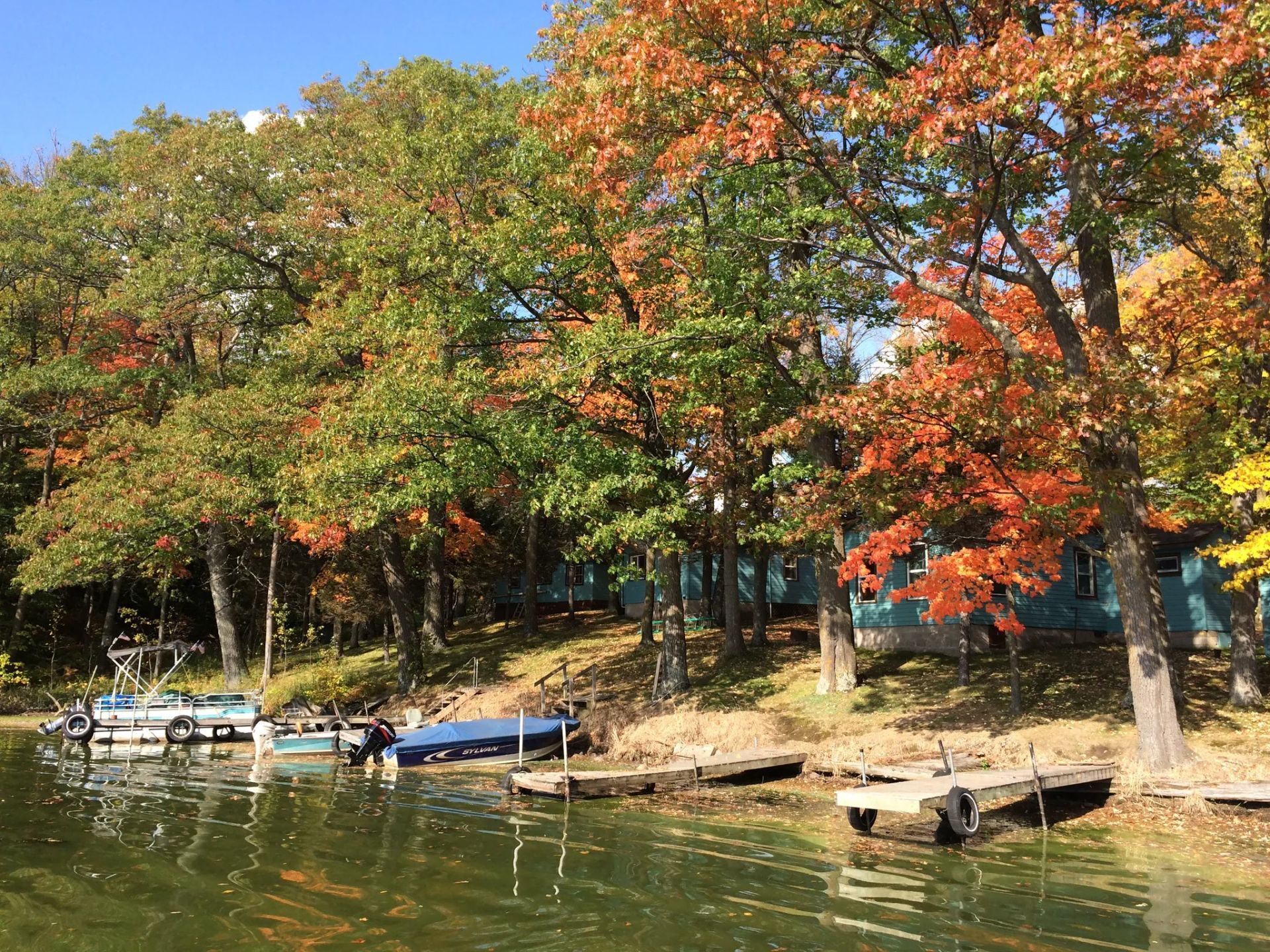 Autumn trees with red and green leaves along a calm lake with small docked boats