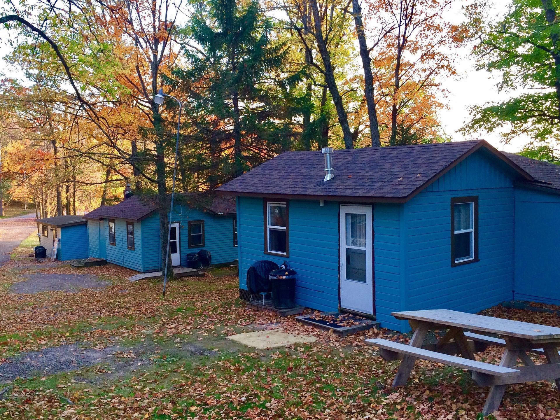 Blue cabin in a wooded campsite with autumn leaves and a picnic table in front