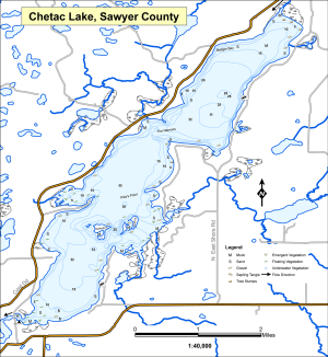 Topographic map of Chetac Lake in Sawyer County with blue water, roads, and contour lines.