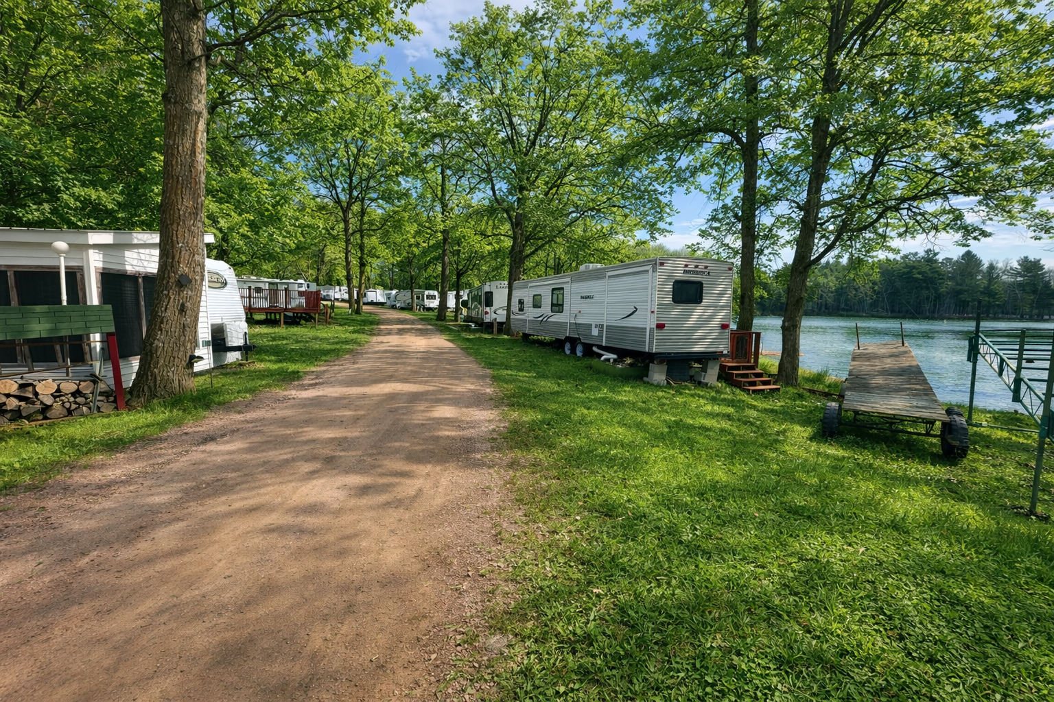 Tree-lined dirt road at a lakeside campground with parked RVs and a dock on the water