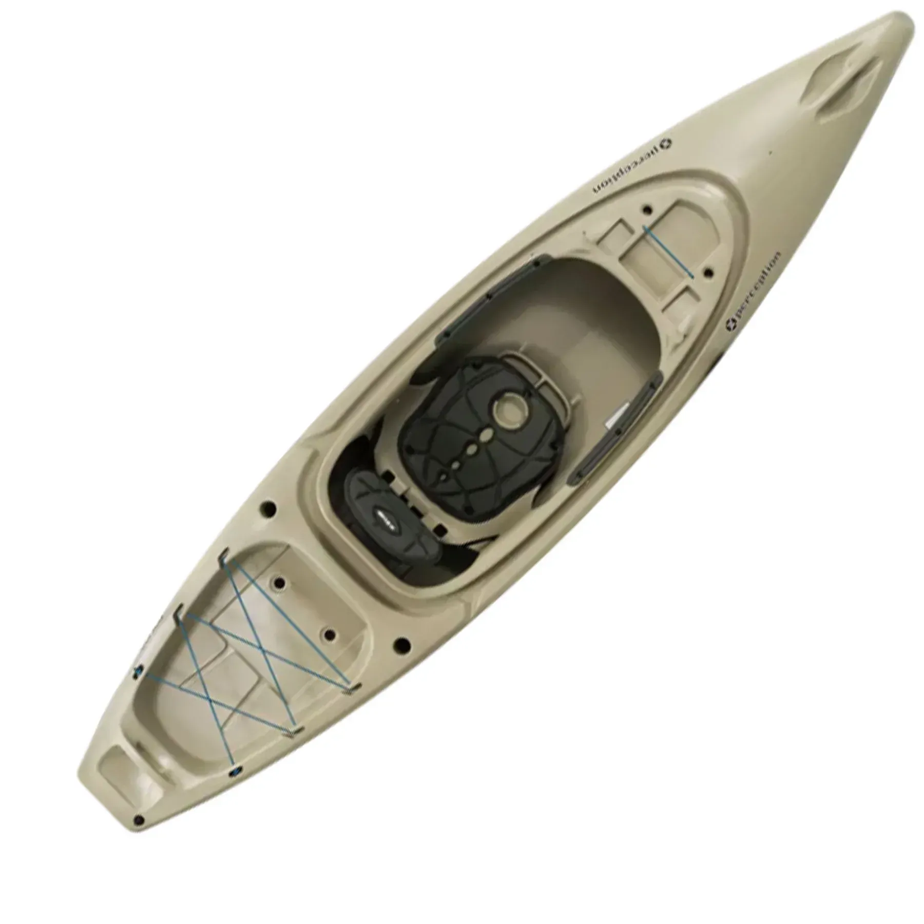 Top-down view of a tan Perception Sound 10.5 fishing kayak with seat, shown on white background