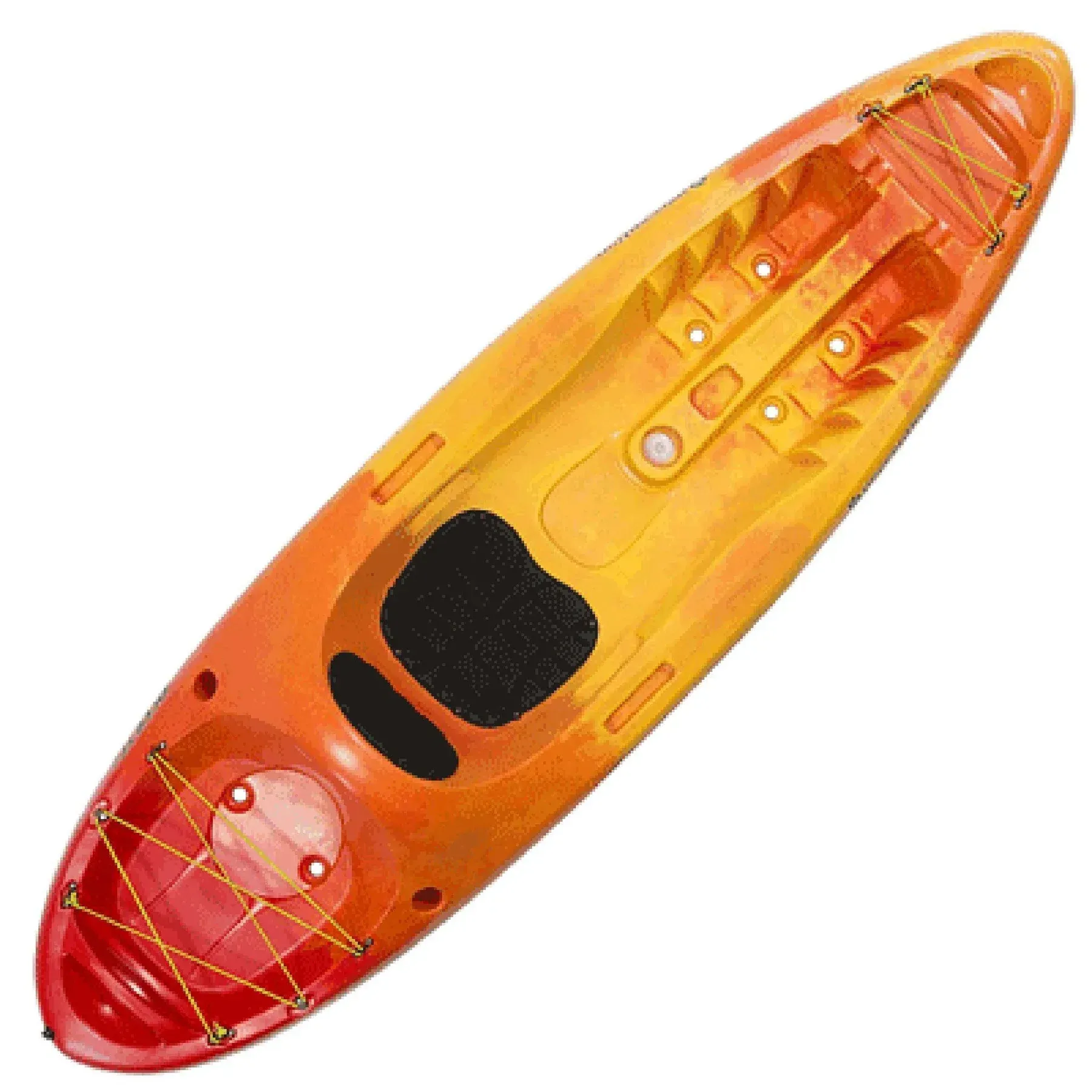 Orange sit-on-top kayak with high back seat, shown side view on a white background