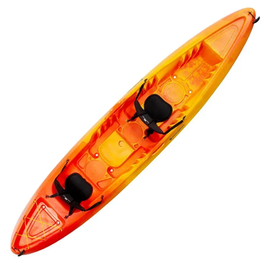 Orange tandem sit-on-top kayak shown from above, with two seats, storage, and tie-downs
