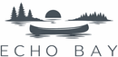Stylized gray logo of a canoe on a lake with pine trees and a sun, reading &ldquo;ECHO BAY&rdquo;