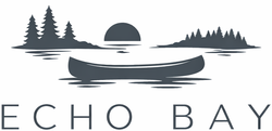 Stylized gray logo of a canoe on a lake with pine trees and a sun, reading &ldquo;ECHO BAY&rdquo;