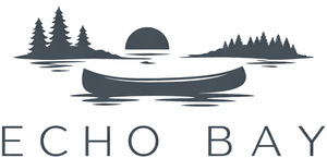 Echo Bay logo with canoe silhouette, pine trees, and sunset over water