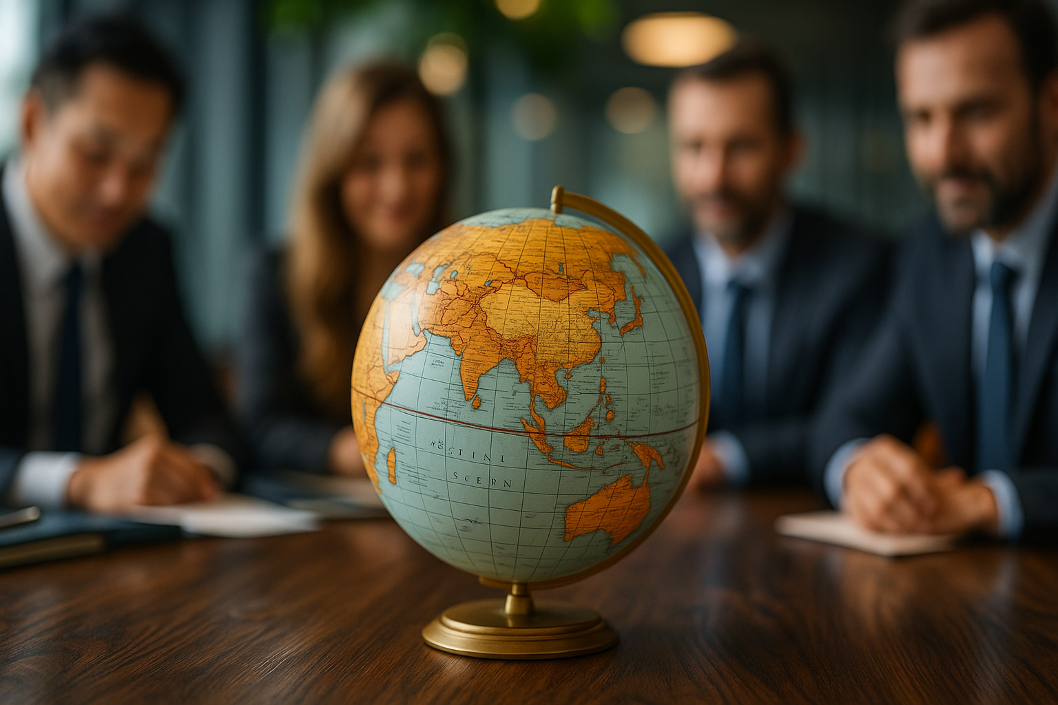 A group of business people are sitting around a table with a globe on it.