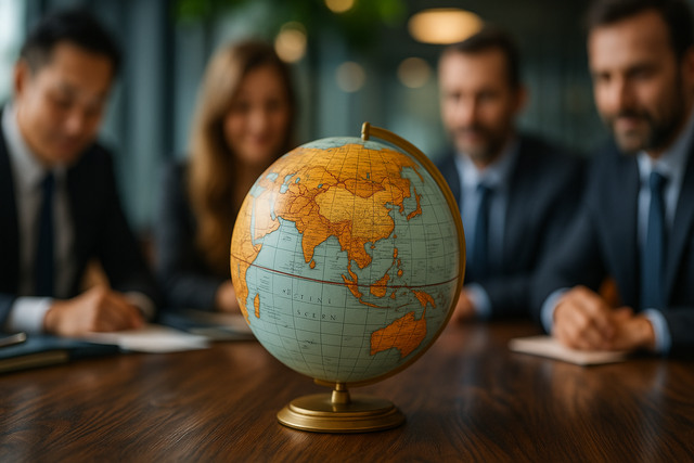 A group of business people are sitting around a table with a globe on it.