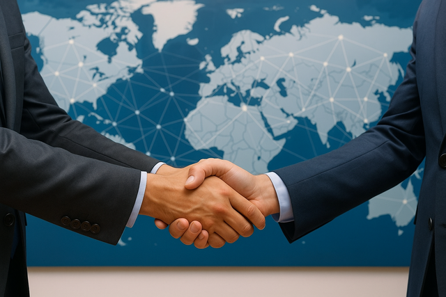 Two businessmen are shaking hands in front of a map of the world.