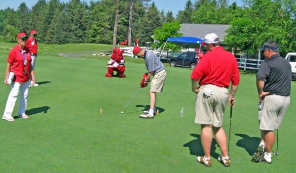 A group of people are playing golf on a lush green field.