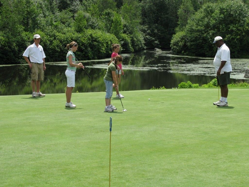 A group of people are playing golf on a lush green field