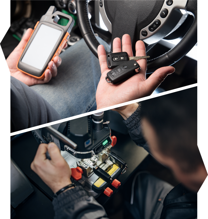 A man is holding a cell phone and a car key in his hand