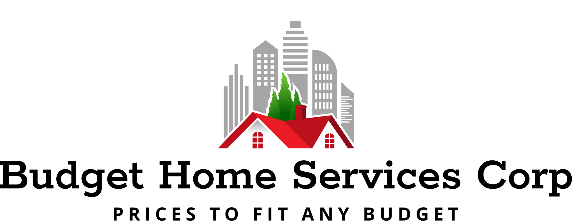 Budget Home Services logo with a house with a red roof, green trees, and grey cityscape background.