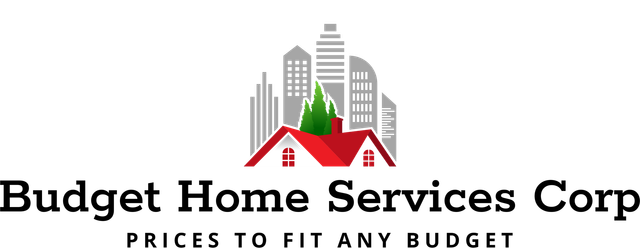 Budget Home Services logo with a house with a red roof, green trees, and grey cityscape background.