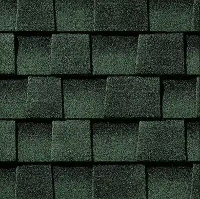 Dark green asphalt roof shingles.