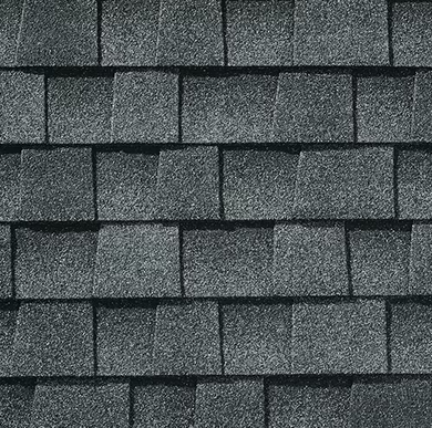 Dark gray asphalt roof shingles.