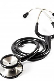 A close up of a stethoscope on a white background.