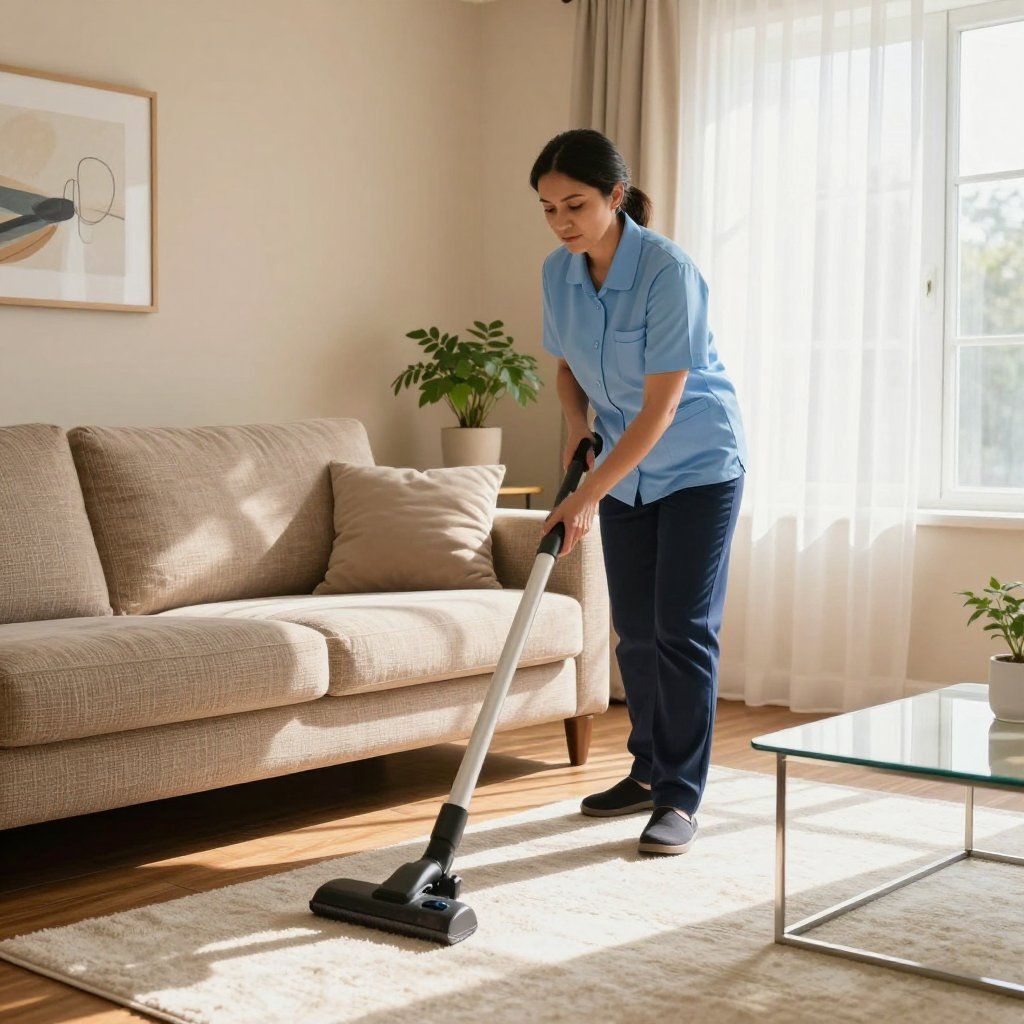 Woman vacuums a beige rug in a living room, near a couch, window, and coffee table.