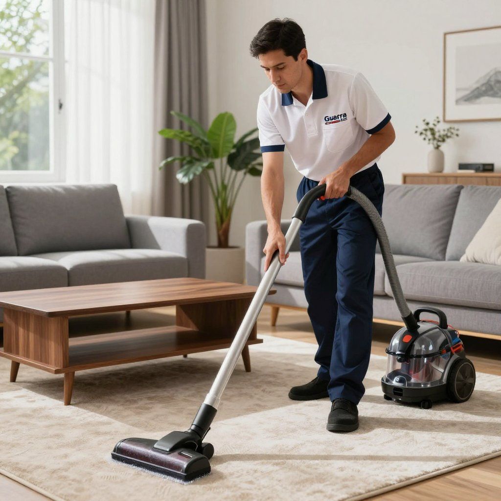 A person vacuums a rug in a living room, wearing a uniform.