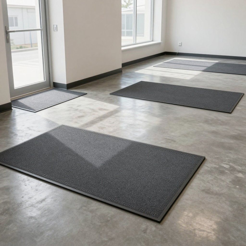 Several grey rectangular floor mats in a bare room by a door and window.
