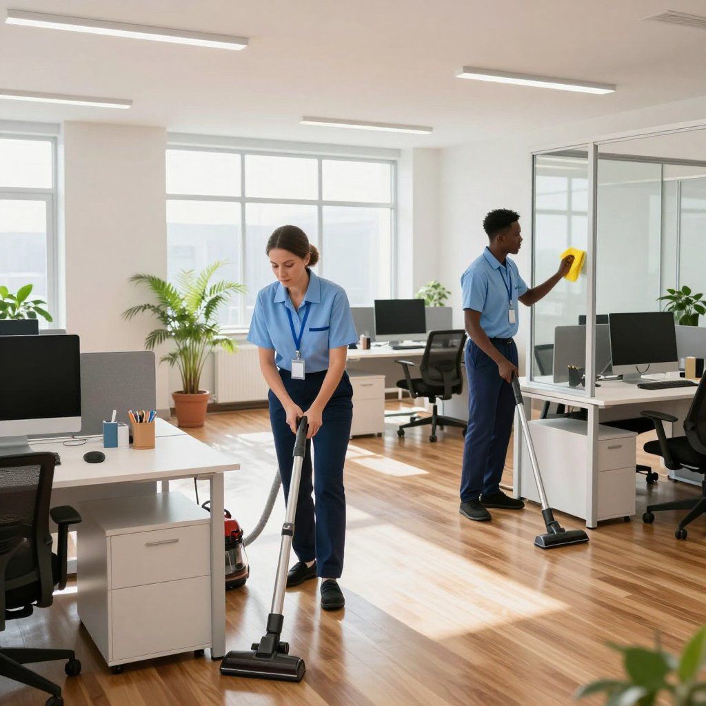 Two people cleaning an office: one vacuums floor, the other wipes glass partition. Bright office, wooden floors.