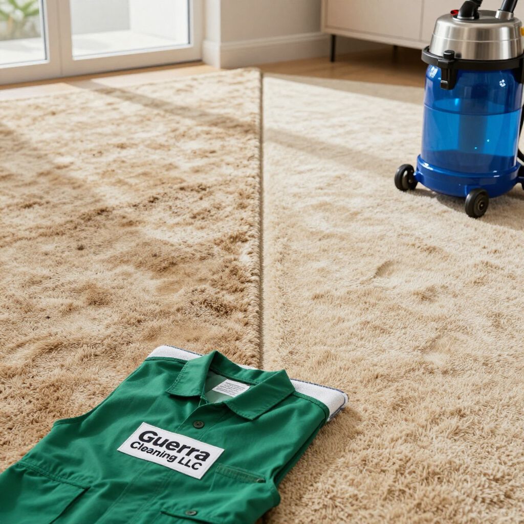 Carpet cleaning demonstration: half of a rug is clean, other half dirty, next to a vacuum. A green Guerra Cleaning LLC uniform.